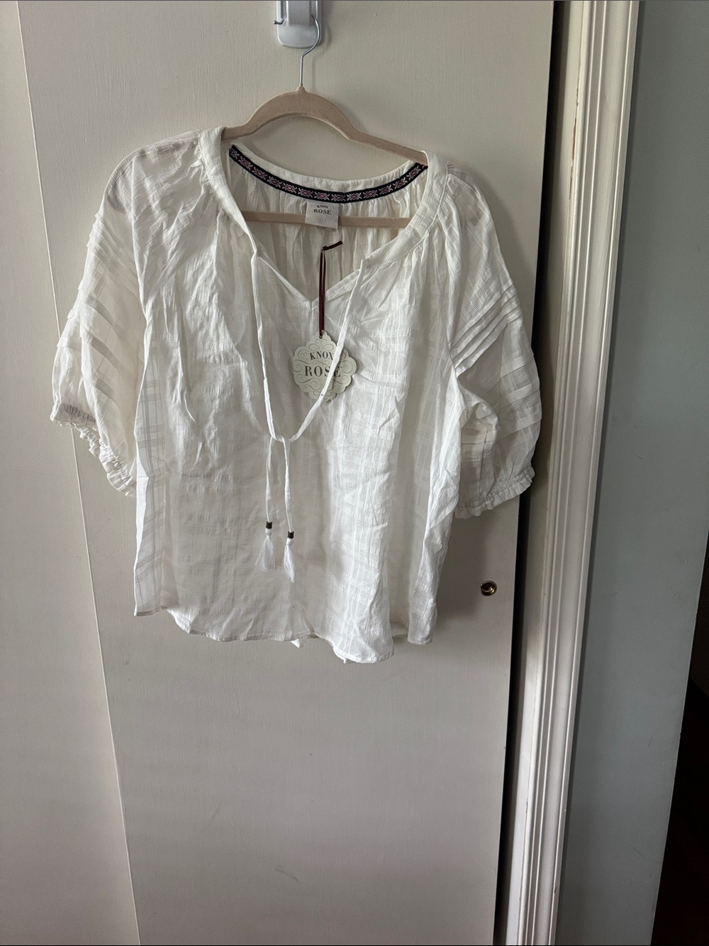 Knox Rose White Peasant Blouse XL Boho Puff Sleeve Tassel Top